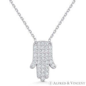 Hamsa Hand Luck Charm CZ Crystal Pendant in .925 Sterling Silver w/ Rhodium